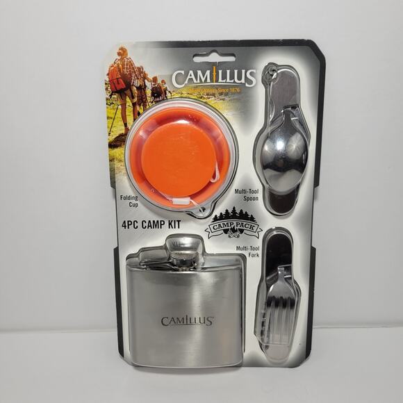 Camillus 4pc Camping multi-tool fork folding cup and stainless steel flask Set - Picture 1 of 6